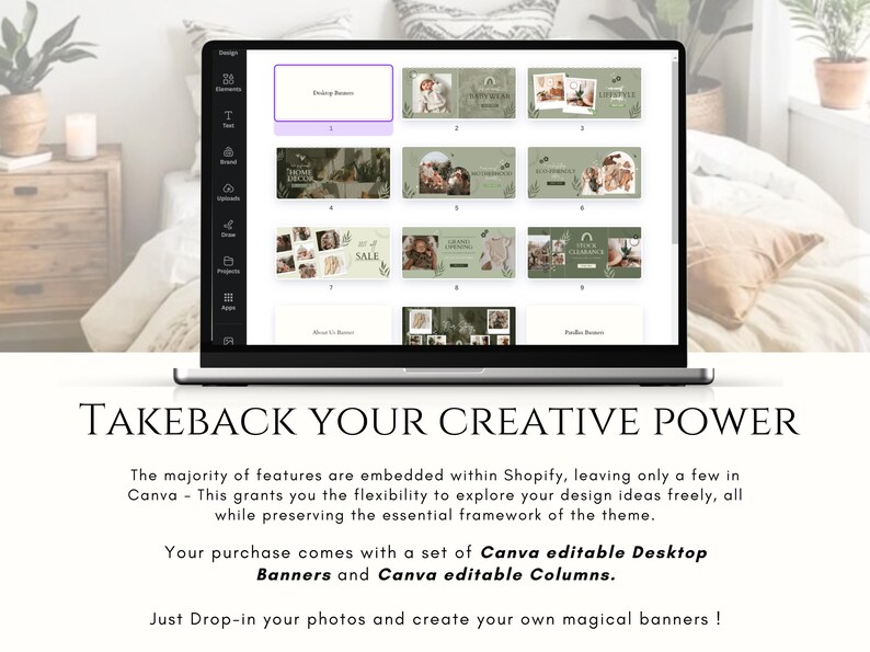 May include: A laptop screen displaying a Canva design template with multiple green and white desktop banners. The text "TAKEBACK YOUR CREATIVE POWER" is displayed below the laptop.