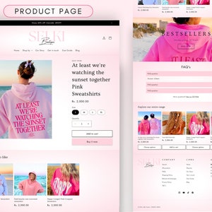 May include: Pink sweatshirt with the text "At least we're watching the sunset together" in pink lettering. The sweatshirt is shown on a model against a sunset background. The product page also shows other pink sweatshirts with different designs.