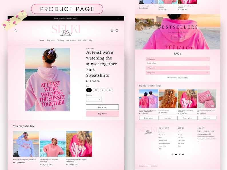 May include: Pink sweatshirt with the text "At least we're watching the sunset together" in pink lettering. The sweatshirt is shown on a model against a sunset background. The product page also shows other pink sweatshirts with different designs.