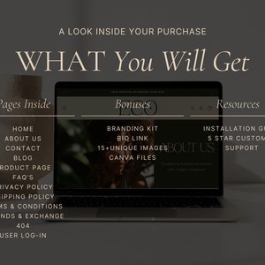 Puede incluir: La pantalla de un port&aacute;til que muestra una maqueta de un sitio web con el texto "What You Will Get" en una fuente grande. El sitio web est&aacute; dividido en tres secciones: "Pages Inside", "Bonuses" y "Resources". Cada secci&oacute;n enumera las diversas caracter&iacute;sticas y recursos incluidos en la compra.
