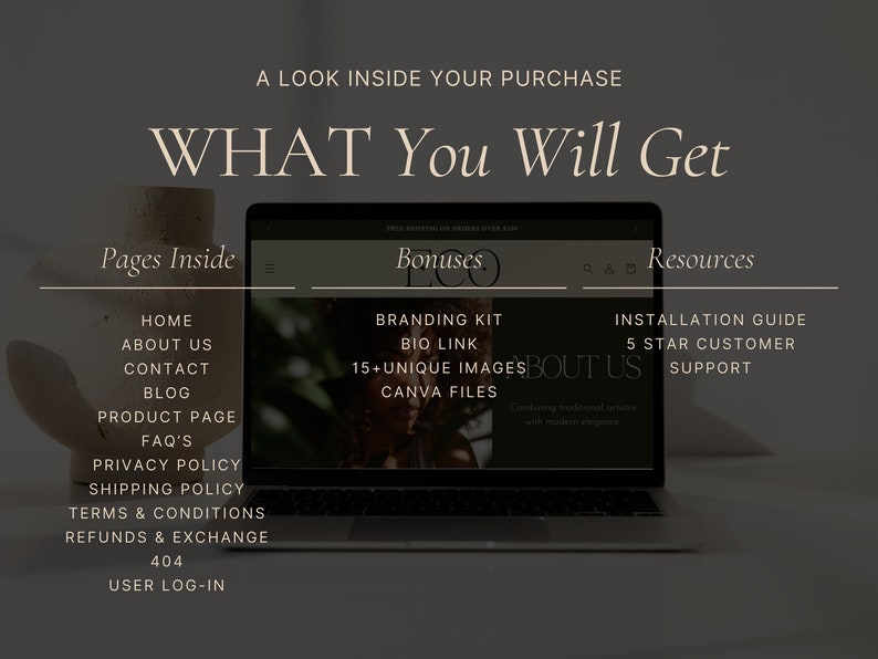 Puede incluir: La pantalla de un port&aacute;til que muestra una maqueta de un sitio web con el texto "What You Will Get" en una fuente grande. El sitio web est&aacute; dividido en tres secciones: "Pages Inside", "Bonuses" y "Resources". Cada secci&oacute;n enumera las diversas caracter&iacute;sticas y recursos incluidos en la compra.
