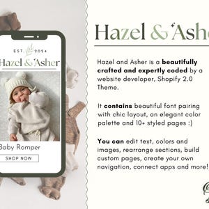May include: A mockup of a website for a baby clothing store called "Hazel & Asher". The website features a photo of a baby wearing a white knitted romper and a white knitted hat with pom-poms. The text "Baby Romper" and "Shop Now" is displayed on the website.