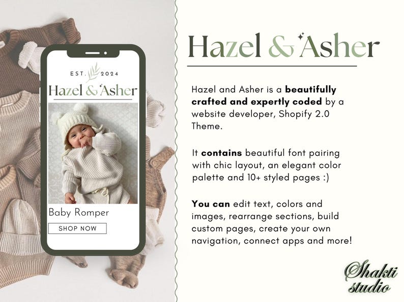 May include: A mockup of a website for a baby clothing store called "Hazel & Asher". The website features a photo of a baby wearing a white knitted romper and a white knitted hat with pom-poms. The text "Baby Romper" and "Shop Now" is displayed on the website.