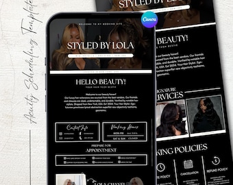 Plantilla de programación de Dark Acuity para peluqueros, plantilla de programación de Acuity, plantilla de sitio de reservas, plantilla de programación de maquillaje de pestañas y peluquería Canva