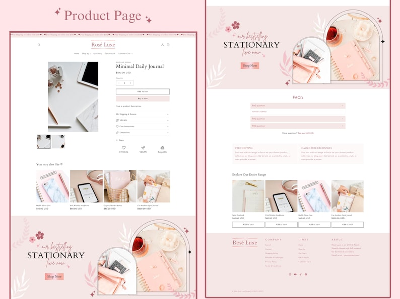 Pink Shopify Theme, Rose Gold Website Template Design, Feminine Shopify Theme Website, Shopify Store Banners, Luxury Shopify Website, Pink image 5