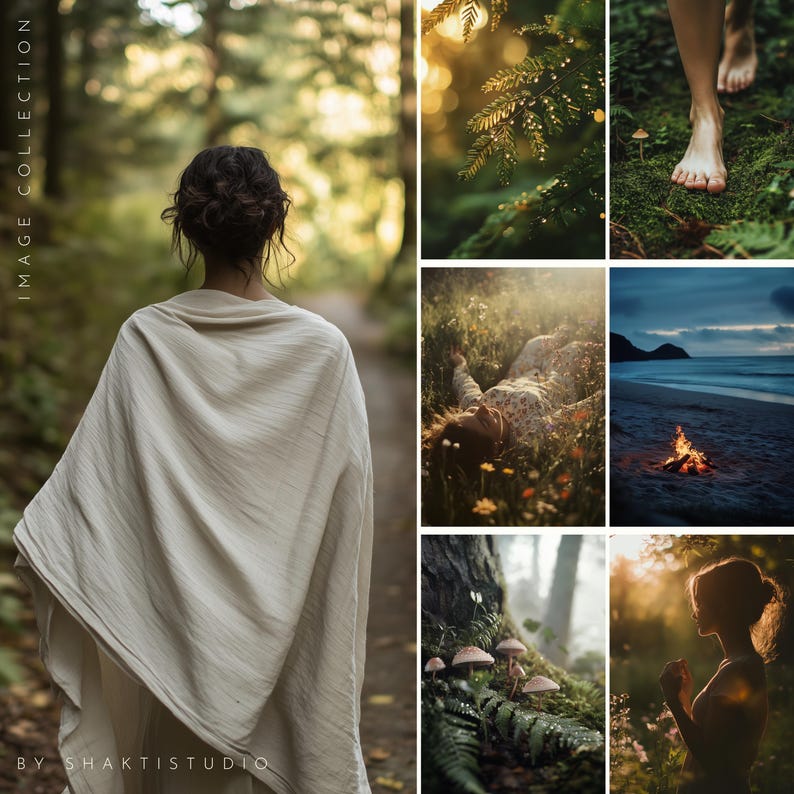 May include: A collection of nature-themed photographs. One image shows a person walking on a path in a forest, draped in a cream-colored shawl. Other images include close-ups of plants, a person lying in a field, a beach scene with a bonfire, and a silhouette of a person.