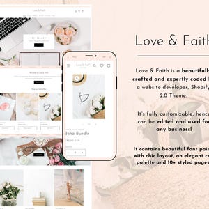 Op de afbeelding: Een website-ontwerpmodel met de tekst "Love & Faith" weergegeven op een laptop, telefoon en website. Het ontwerp heeft een lichtroze kleurenschema, bloemstukken en een minimalistische esthetiek. De telefoon toont een "Boho Bundle"-product.