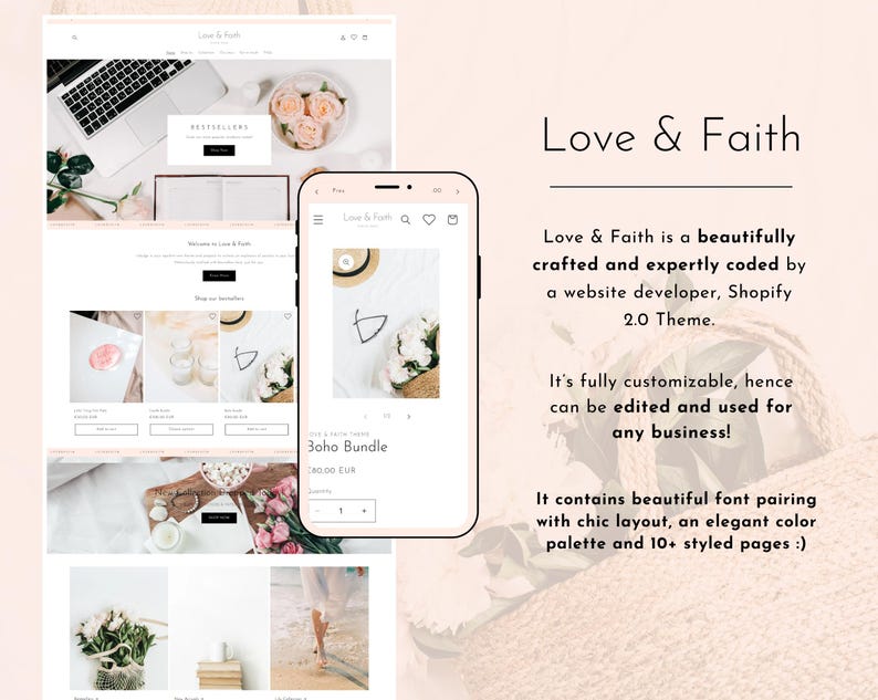 Op de afbeelding: Een website-ontwerpmodel met de tekst "Love & Faith" weergegeven op een laptop, telefoon en website. Het ontwerp heeft een lichtroze kleurenschema, bloemstukken en een minimalistische esthetiek. De telefoon toont een "Boho Bundle"-product.