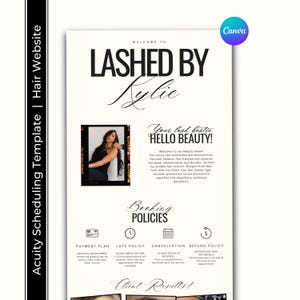 May include: Aesthetic hair website template with the text "Lashed by Kylie" in a stylish font. The design includes a photo of a woman, booking policies, and the Canva logo. The template is for hair services.