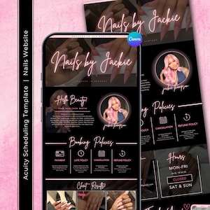 Könnte beinhalten: Ein rosa-schwarzes Website-Template für ein Nagelstudio mit dem Text "Nails by Jackie" in einem Neon-Schriftstil. Die Vorlage enthält Abschnitte für Buchungsrichtlinien, Öffnungszeiten und Kundenergebnisse.