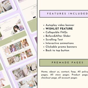 May include: A mockup of an online store website with a light green and white color scheme. The website features a variety of products, including notebooks, journals, and other stationery items. The website also includes a wishlist feature, collapsible FAQs, a before and after slider, scrolling text, interactive animations, clickable promo banners, and a back to top button. The website also includes premade pages for home, about us, contact, FAQs, all policy pages, all store pages, product page, checkout page, and all account pages.