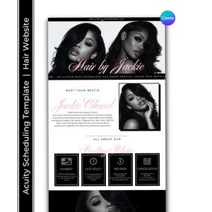 Puede incluir: Plantilla de programación de Acuity para un sitio web de peluquería. El diseño presenta el texto "Hair by Jackie" con imágenes de una mujer con cabello largo y oscuro. El texto adicional incluye "Meet Your Bestie Jackie Chanel" y políticas de reserva.