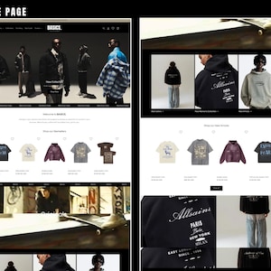 以下が含まれることがあります： 衣料品を紹介するウェブサイトのホームページ。上部には、さまざまな服装の人々のグループが表示されています。下には、Tシャツやジャケットの商品画像があります。ウェブサイトには「BASICS」というブランド名が含まれています。