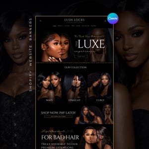 Puede incluir: Un banner de sitio web para Lush Locks, una tienda de cabello premium, con im&aacute;genes de mujeres con varios peinados. El banner promociona "The Luxe Experience" y destaca extensiones de cabello ondulado, liso y rizado. El texto "Shop Now, Pay Later!" tambi&eacute;n es visible.