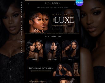 Luxury Hair Shopify Website Banner Template Hair Banner Design Template Shopify Luxury Hair Design Premade Shopify Banner Black Gold Canva