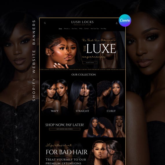 Luxury Hair Shopify Website Banner Template Hair Banner Design Template Shopify Luxury Hair Design Premade Shopify Banner Black Gold Canva