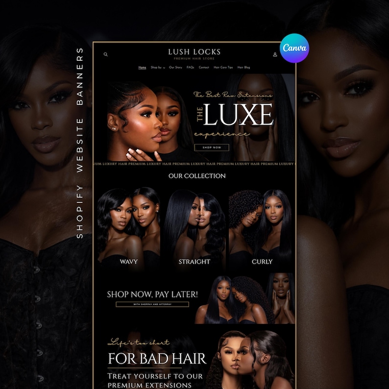 Puede incluir: Un banner de sitio web para Lush Locks, una tienda de cabello premium, con im&aacute;genes de mujeres con varios peinados. El banner promociona "The Luxe Experience" y destaca extensiones de cabello ondulado, liso y rizado. El texto "Shop Now, Pay Later!" tambi&eacute;n es visible.