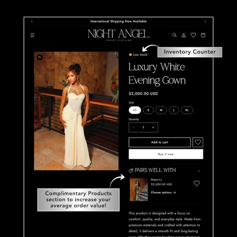 Puede incluir: Una captura de pantalla de un sitio web que muestra un lujoso vestido de noche blanco. El vestido tiene un cuello halter y una falda fluida. El sitio web incluye el texto "NIGHT ANGEL LUXURY CLOTHING" y "Luxury White Evening Gown". Tambi&eacute;n hay un contador de stock "Low stock".