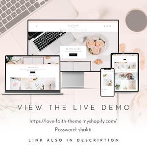 Op de afbeelding: Een computermonitor, een laptop, een tablet en een smartphone tonen een website met een bloemig thema. De tekst "Love & Faith" staat bovenaan het monitorscherm. De tekst "BESTSELLERS" is ook zichtbaar. De tekst "VIEW THE LIVE DEMO" staat onderaan.