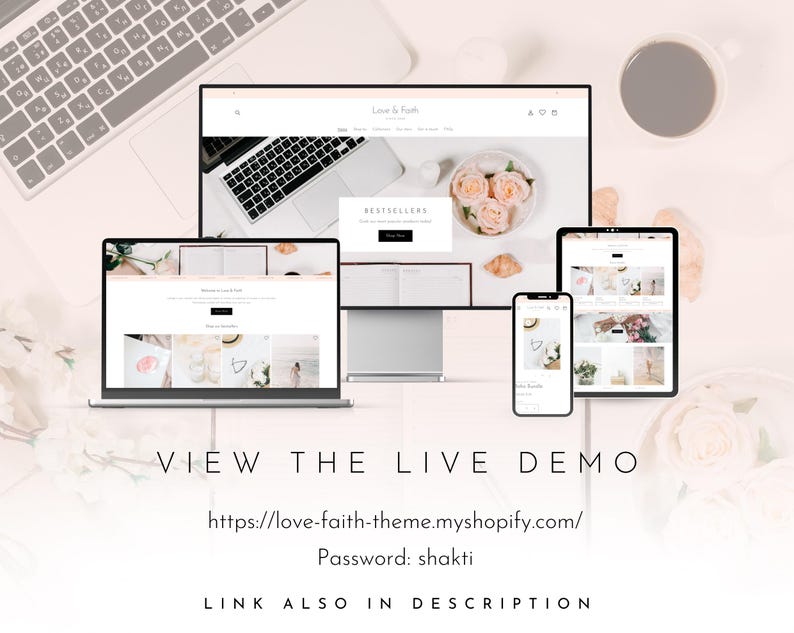 Op de afbeelding: Een computermonitor, een laptop, een tablet en een smartphone tonen een website met een bloemig thema. De tekst "Love & Faith" staat bovenaan het monitorscherm. De tekst "BESTSELLERS" is ook zichtbaar. De tekst "VIEW THE LIVE DEMO" staat onderaan.