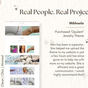 Pu&ograve; includere: Una testimonianza di una cliente di nome Mikhaela che ha acquistato il tema 'Opulent' per gioielli. La testimonianza evidenzia l'esperienza positiva con il servizio clienti fornito da Mon, che ha aiutato con la configurazione del sito web e il supporto continuo.