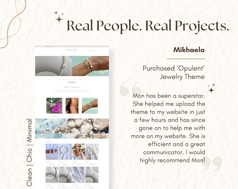 Pu&ograve; includere: Una testimonianza di una cliente di nome Mikhaela che ha acquistato il tema 'Opulent' per gioielli. La testimonianza evidenzia l'esperienza positiva con il servizio clienti fornito da Mon, che ha aiutato con la configurazione del sito web e il supporto continuo.