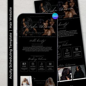 May include: Acuity Scheduling Template for a hair website. The design features a black background with the text "Styled by Latisha Chanel" and "Hello beauty!" on a smartphone screen. The website includes booking policies and hair services.