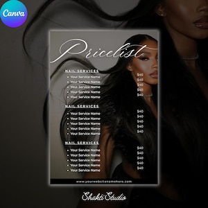 Op de afbeelding: Een prijslijst voor een schoonheidssalon met het woord "Pricelist" in elegant schrift. De lijst bevat "Nail Services" met servicenamen en prijzen. De afbeelding toont een vrouw met lang donker haar. De naam van de salon, "Shakti Studio", staat onderaan.
