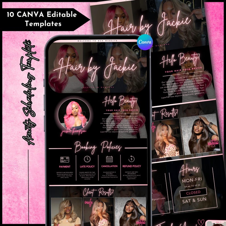 K&ouml;nnte beinhalten: Digitale Marketing-Vorlagen f&uuml;r Friseure, in einem schwarz-rosa Design. Die Vorlagen umfassen Buchungsrichtlinien, Kundenergebnisse und Kontaktinformationen. Der Text "Hair by Jackie" ist deutlich sichtbar.
