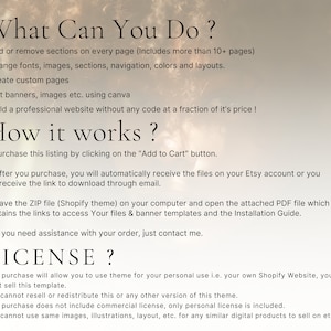 Puede incluir: Una imagen de texto con el t&iacute;tulo "&iquest;Qu&eacute; puedes hacer?" y una lista de caracter&iacute;sticas para un tema de Shopify. La lista incluye agregar o eliminar secciones, cambiar fuentes, im&aacute;genes, secciones, navegaci&oacute;n, colores y dise&ntilde;os, crear p&aacute;ginas personalizadas, editar banners e im&aacute;genes usando Canva y construir un sitio web profesional sin c&oacute;digo. La imagen tambi&eacute;n incluye una secci&oacute;n titulada "&iquest;C&oacute;mo funciona?" con cuatro pasos para comprar y usar el tema. La imagen concluye con una secci&oacute;n titulada "&iquest;LICENCIA?" que describe los t&eacute;rminos de uso del tema.