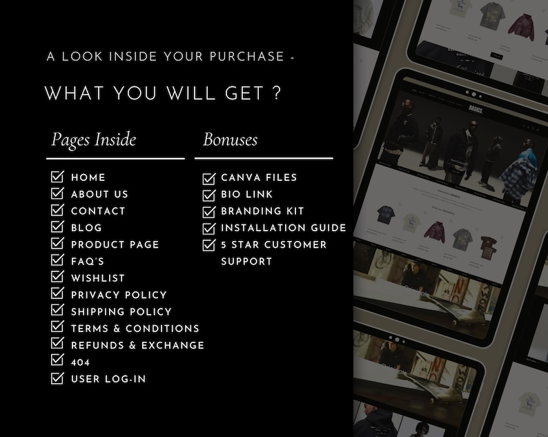 以下が含まれることがあります： 「A LOOK INSIDE YOUR PURCHASE - WHAT YOU WILL GET ?」と書かれた白文字の黒いグラフィック。チェックマーク付きの「Pages Inside」と「Bonuses」をリスト表示。タブレットにはウェブサイトが表示されています。