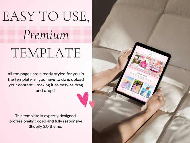 May include: A tablet displaying a website with a pink and white color scheme. The website features a banner with the text "Boys & Girls Half Price" and several product images. The text "Welcome to [website name]" is also visible on the website.