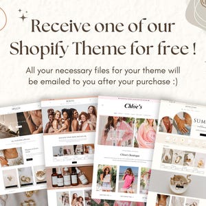 Pu&ograve; includere: Quattro schermate di diversi temi Shopify, che mostrano varie categorie di prodotti, tra cui gioielli, abbigliamento e arredamento per la casa. Il testo sull'immagine recita "Ricevi uno dei nostri temi Shopify gratis! Tutti i file necessari per il tuo tema ti saranno inviati via email dopo l'acquisto :)"