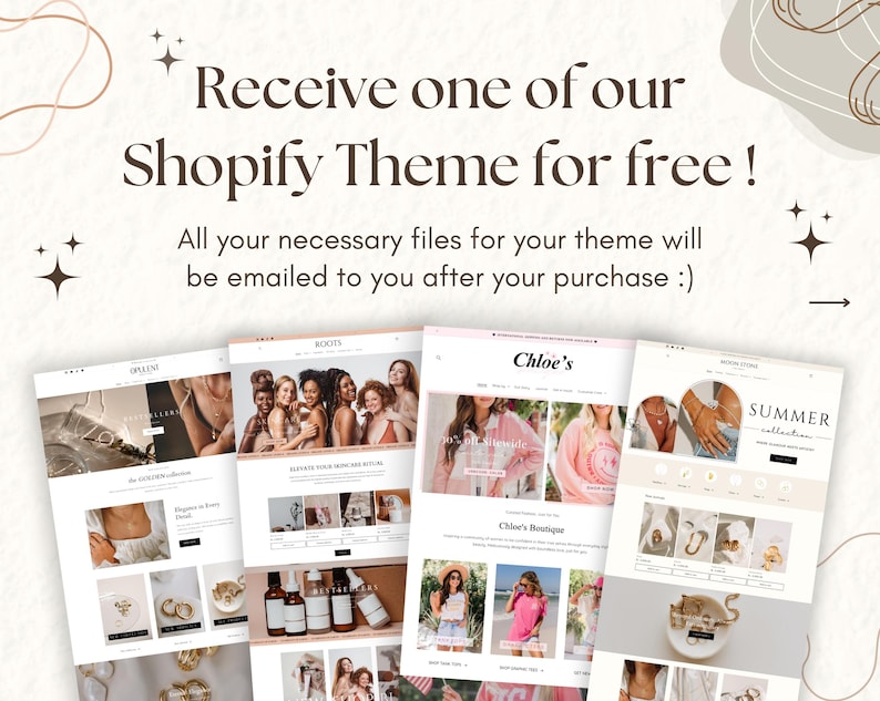 Pu&ograve; includere: Quattro schermate di diversi temi Shopify, che mostrano varie categorie di prodotti, tra cui gioielli, abbigliamento e arredamento per la casa. Il testo sull'immagine recita "Ricevi uno dei nostri temi Shopify gratis! Tutti i file necessari per il tuo tema ti saranno inviati via email dopo l'acquisto :)"