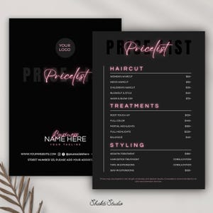 Könnte beinhalten: Eine schwarze Preislistenvorlage für Salons mit neonpinken Textüberschriften wie Pricelist, Haircut, Treatments und Styling. Das Layout zeigt Servicekategorien sowie Platzhalter für den Firmennamen, die Website, soziale Medien und Adressdaten.