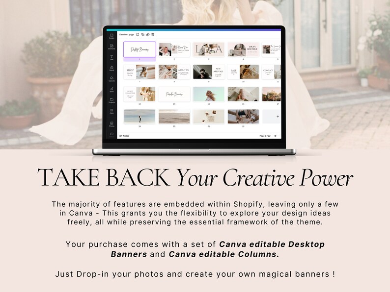 Luxuriöses Shopify-Theme | Boutique-Website-Design in Weiß und Rosa | Anpassbare Shopify-Vorlage im Boho-Stil mit editierbaren Canva-Bannern | Shopify 2.0 Bild 6
