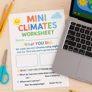 Może przedstawiać: Arkusz roboczy zatytułowany "Mini Climates Worksheet" ze słońcem i chmurą, ołówkami, nożyczkami i laptopem. Arkusz roboczy zawiera sekcje do wypełnienia i pytania dotyczące mini klimatów. Widoczne są również słowa "Instant Download", "PDF + Video" i "STEM for Kids".