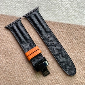 Apple Watch Ultra Schwarz und Orange Epsom Handgemachtes Armband