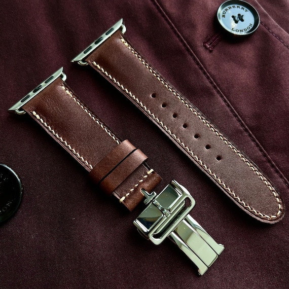 Apple Series 10 Handmade Chestnut Oxford Leather Hermes Inspired Watch Strap