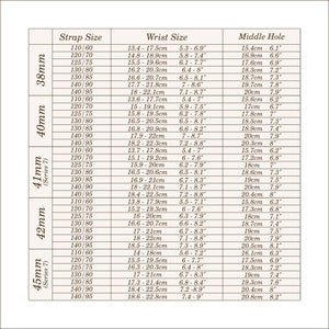 May include: A table detailing watch strap and wrist sizes in cm and inches, plus middle hole sizes in cm and inches. Sizes are listed from 38mm to 45mm, Series 7.