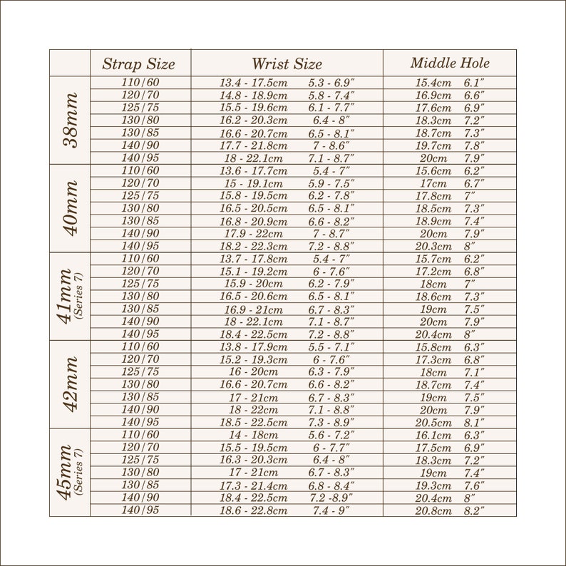 May include: A table detailing watch strap and wrist sizes in cm and inches, plus middle hole sizes in cm and inches. Sizes are listed from 38mm to 45mm, Series 7.