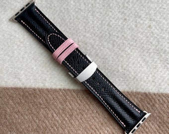 Apple Watch Ultra Black Epsom and Pink Mysore Goatskin Handmade Watch Strap Watch Band