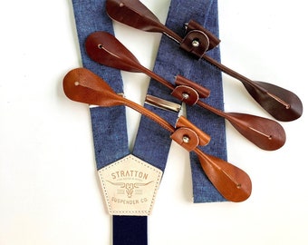 Marseille Bleu and Navy - Leather BUTTON ON Suspenders - NEW 2024 Edition