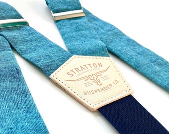 NEW - Malibu Blue Linen and Leather BUTTON ON Wedding Suspenders - Spring 2023 Edition