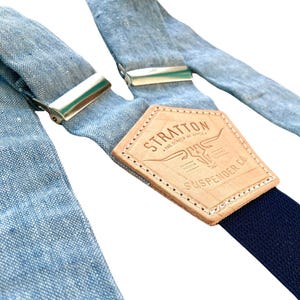 Light Blue and Navy Blue Linen Suspenders – Handmade Button-On Braces for Weddings, Groomsmen & Heritage Menswear