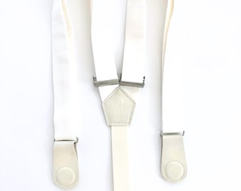Pearl White Women’s Suspenders – Handmade with Pastel Leather Clasps | Summer Outdoor Outfit Accessory for Cute & Feminine Style