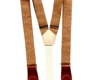 Cinnamon Pecan Women’s Suspenders – Hand-Woven Linen Braces with Leather Clasps | Handmade USA Vintage-Inspired Accessory for Fall Outfits