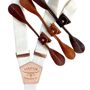 Pearl White Linen Suspenders – Button-On Wedding Suspenders for Groom & Groomsmen | Handmade Leather Braces, Formal Suit Accessory
