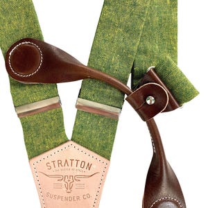 Chartreuse Green wedding Suspenders with Dark Brown Chocolate Leather Magnetic Clasps