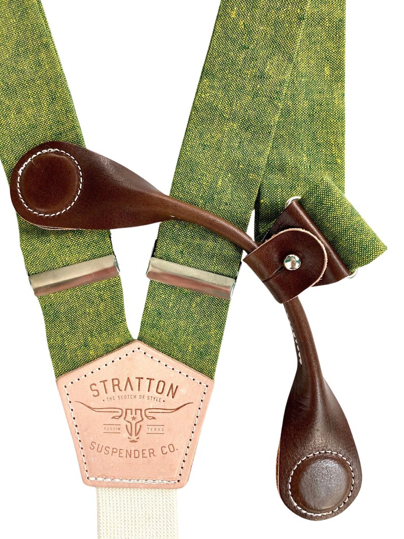Chartreuse Green wedding Suspenders with Dark Brown Chocolate Leather Magnetic Clasps